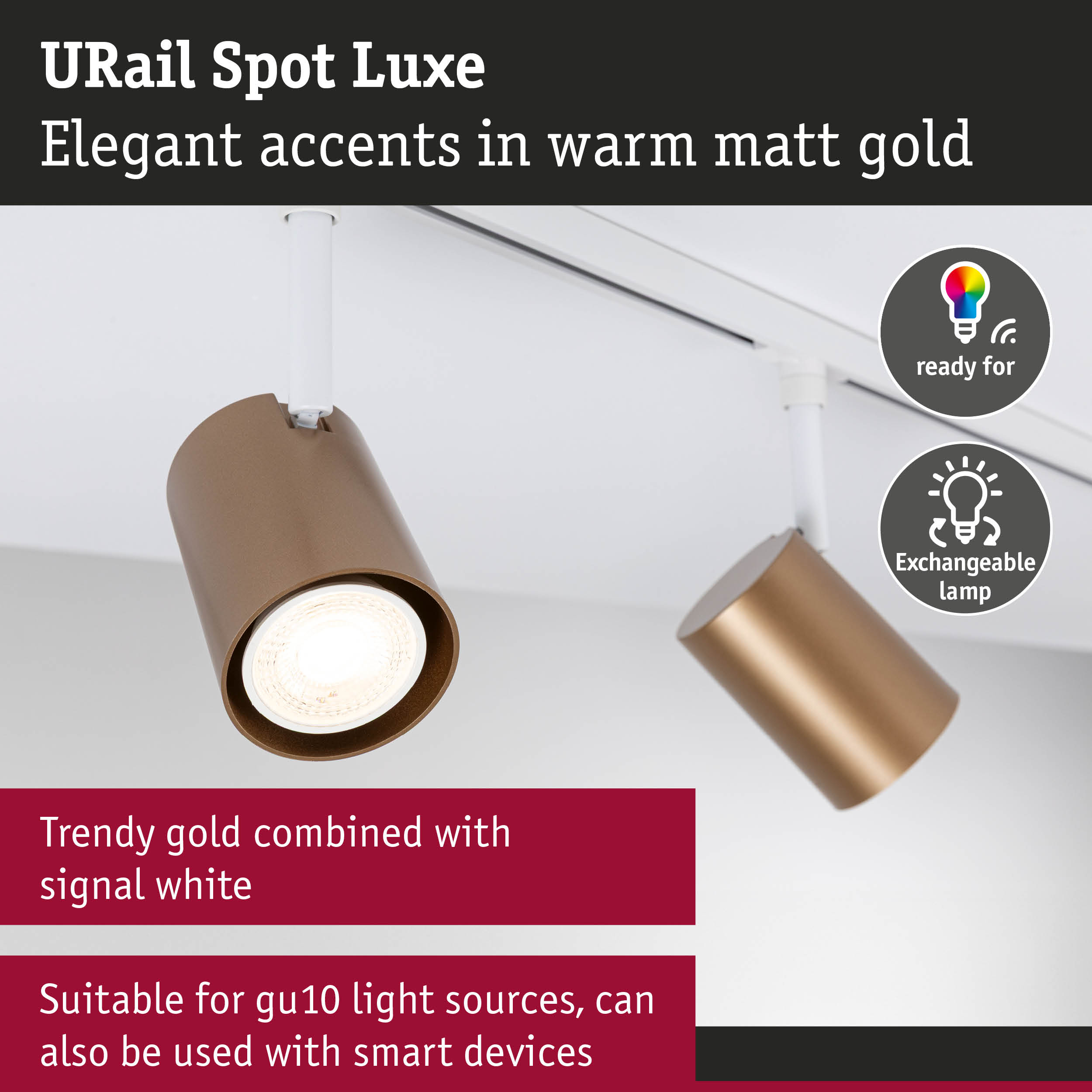 URail Spot Luxe track light in warm matt gold with white rail system, LED compatible and smart device ready