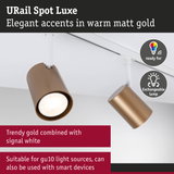 URail Spot Luxe track light in warm matt gold with white rail system, LED compatible and smart device ready