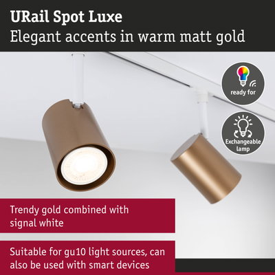 URail Spot Luxe track light in warm matt gold with white rail system, LED compatible and smart device ready