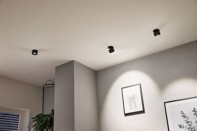 Tre sorte LED-loftspotter i metal lyser op moderne væg med plantebilleder i stue.
