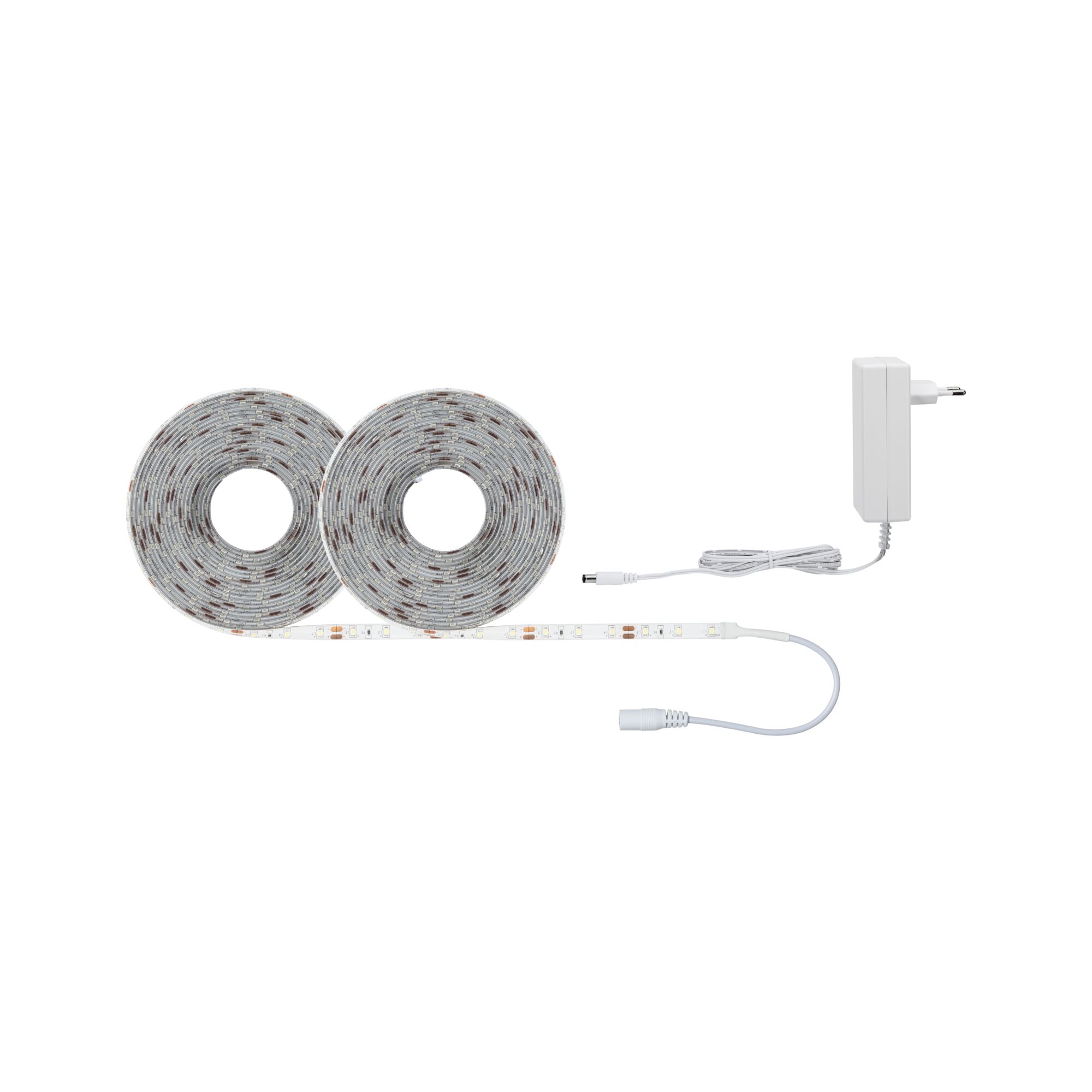 LED strip set with two white rolls and white power adapter for flexible room lighting