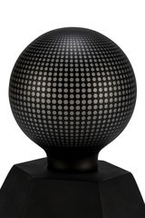 Black metal sphere with dotted pattern on hexagonal base, modern LED decorative light
