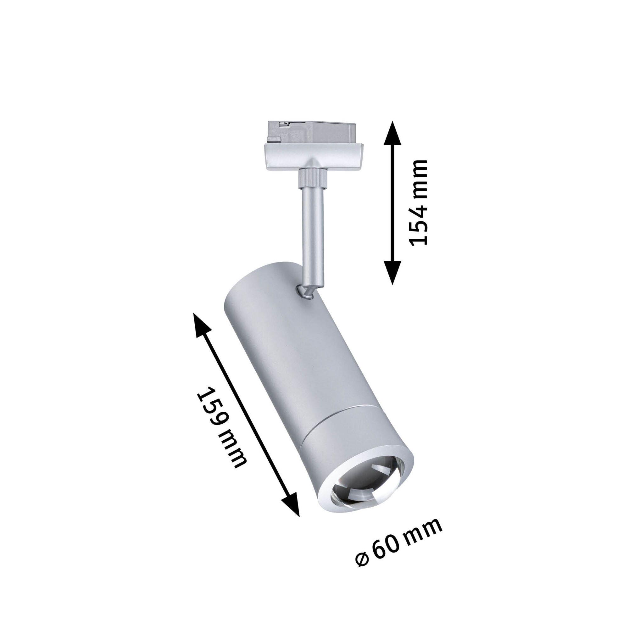 Dimension drawing of silver LED spotlight 154 mm height and 159 mm length for indoor lighting
