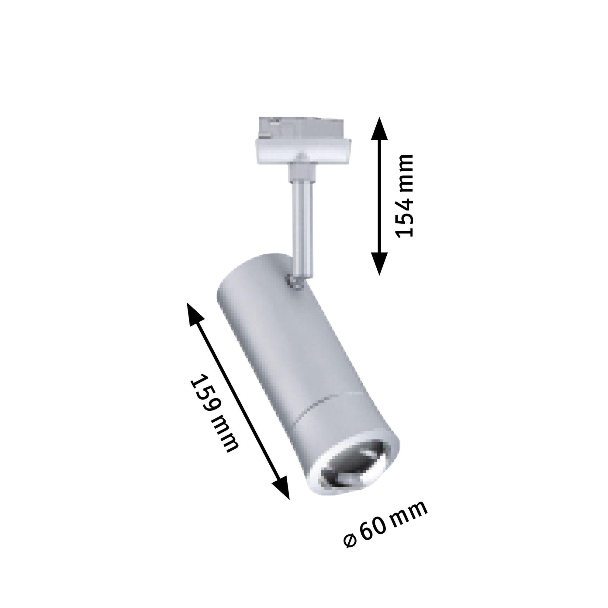 Dimension drawing of silver LED spotlight 154 mm height and 159 mm length for indoor lighting
