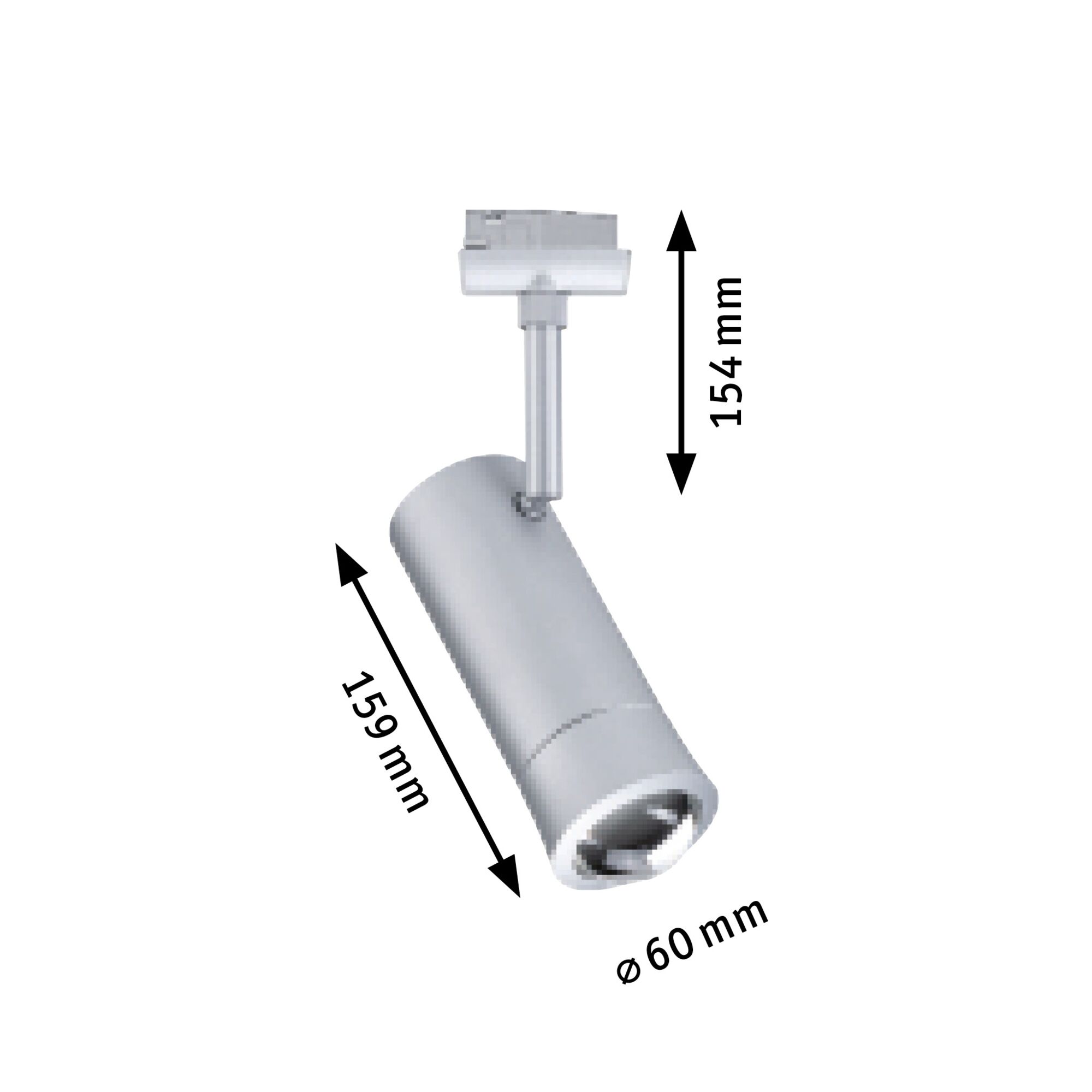 Dimension drawing of silver LED spotlight 154 mm height and 159 mm length for indoor lighting