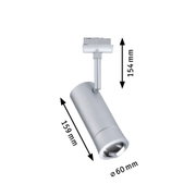 Dimension drawing of silver LED spotlight 154 mm height and 159 mm length for indoor lighting