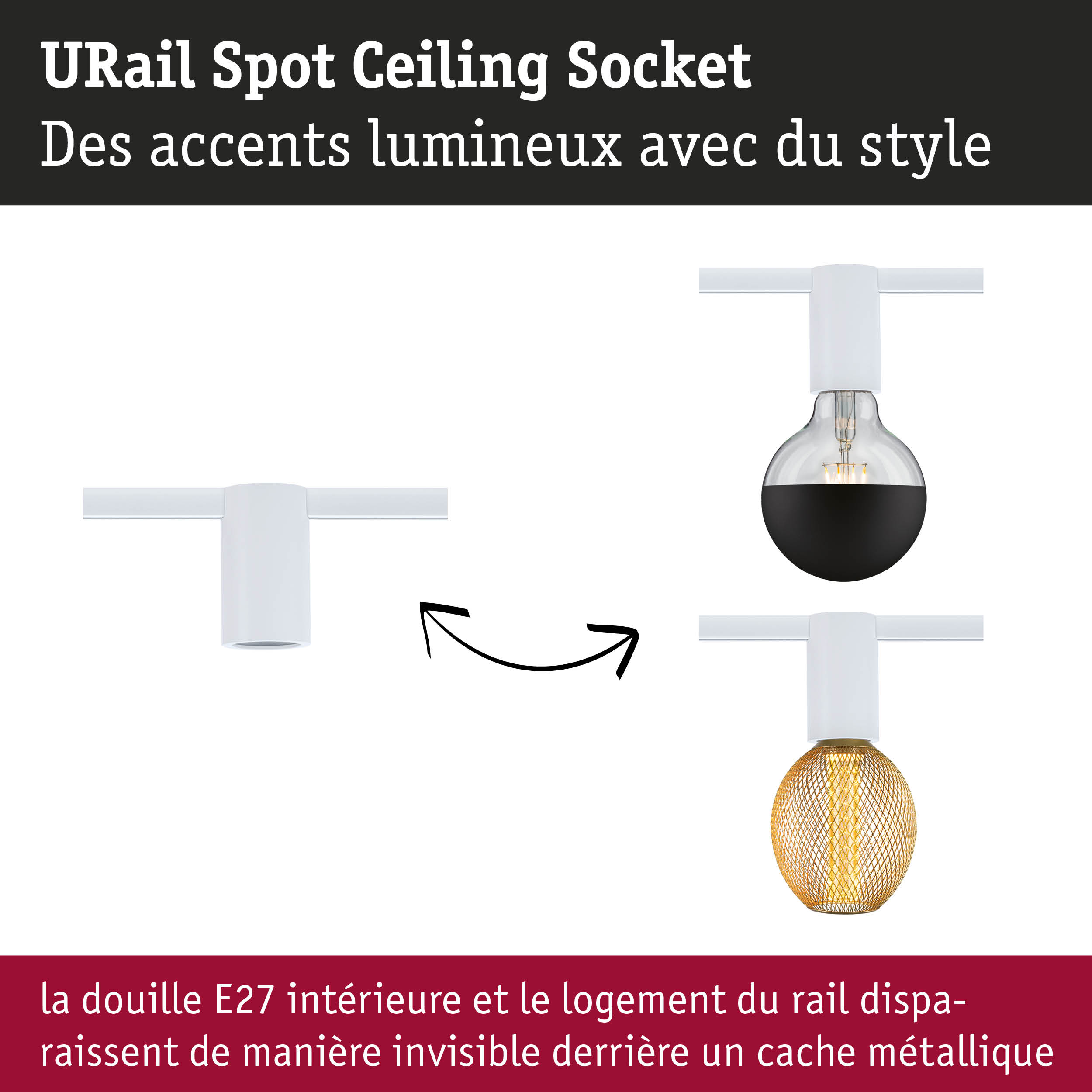 Douille de plafond URail Spot blanche avec douille E27 pour spots LED élégants et système de rail