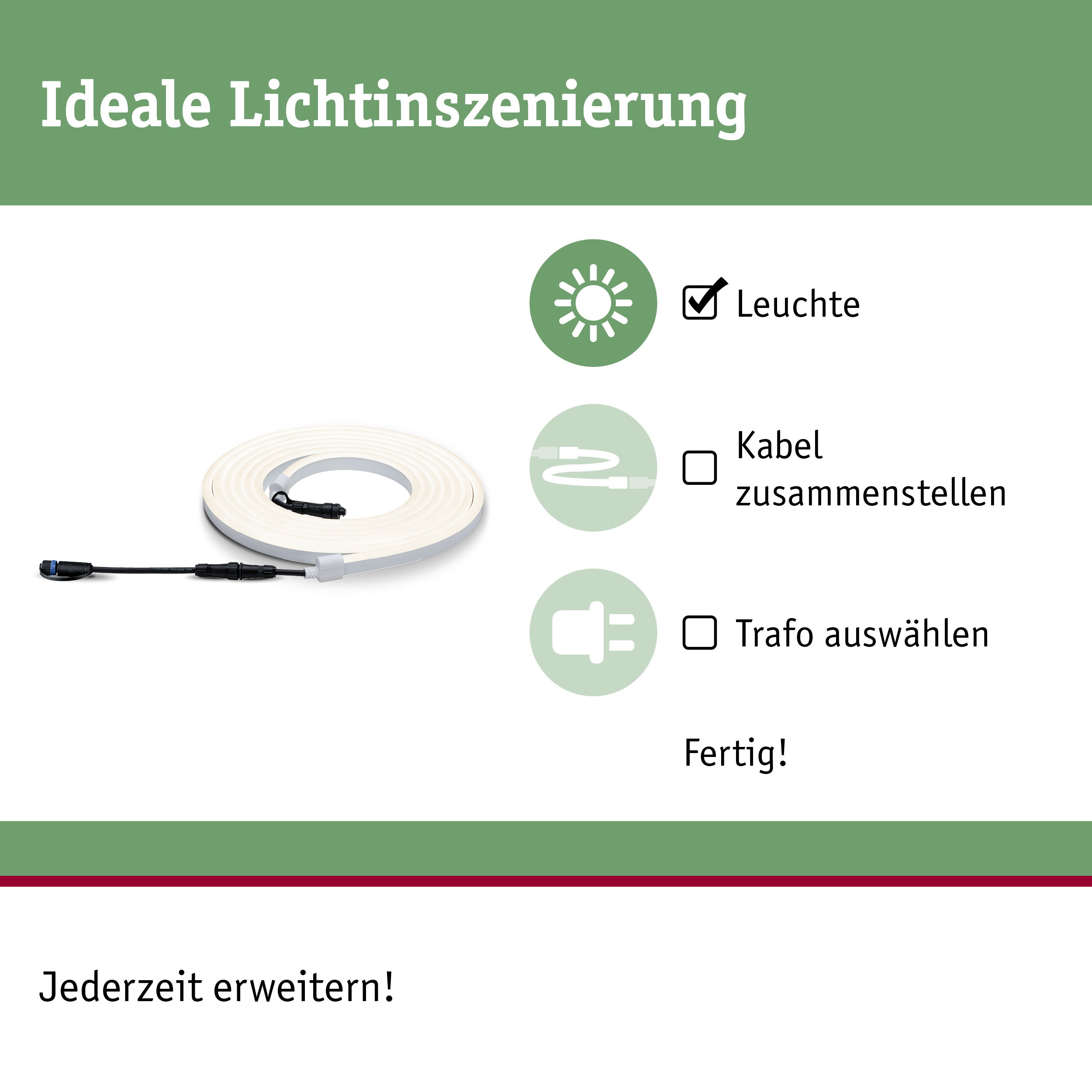 Flexibles LED-Lichtband in Weiß mit Anschlusskabel für individuelle Lichtinszenierung