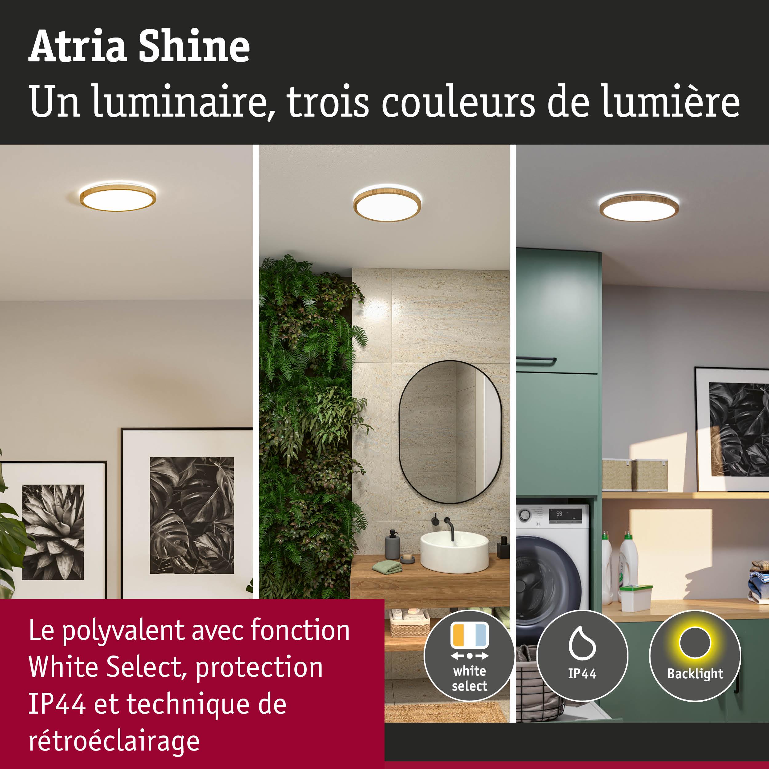 Plafonnier rond Atria Shine avec cadre en bois, trois couleurs de lumière, protection IP44 et rétroéclairage