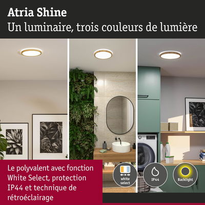 Plafonnier rond Atria Shine avec cadre en bois, trois couleurs de lumière, protection IP44 et rétroéclairage