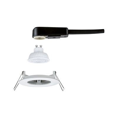 Weißer LED-Einbaustrahler mit GU10 Fassung und schwarzem Anschlusskabel für energiesparende Beleuchtung