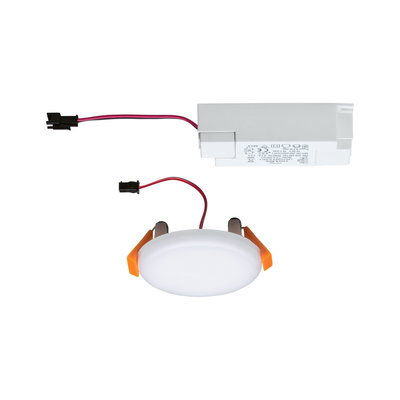 Rundes LED-Einbaupanel mit weißem Kunststoffgehäuse und orangefarbenen Halteklammern, inklusive weißem LED-Treiber.