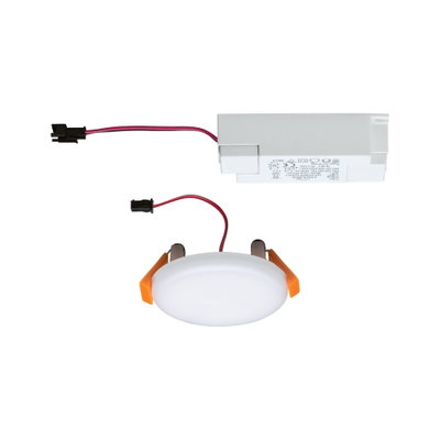 Panneau LED encastré rond avec boîtier plastique blanc et clips orange, avec driver LED blanc inclus.