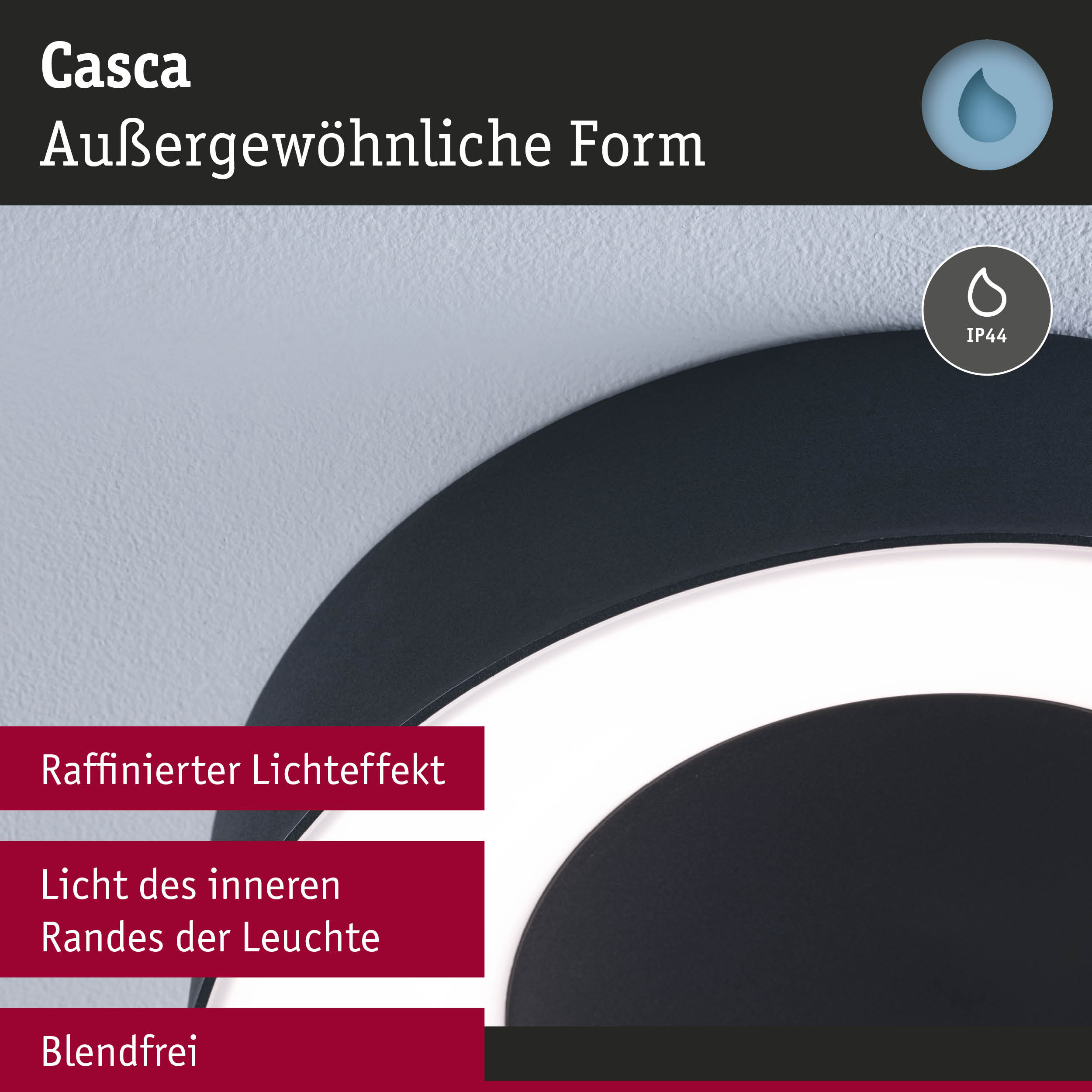 Schwarze Casca LED-Deckenleuchte mit IP44 Schutz und raffiniertem Lichteffekt für blendfreies Licht