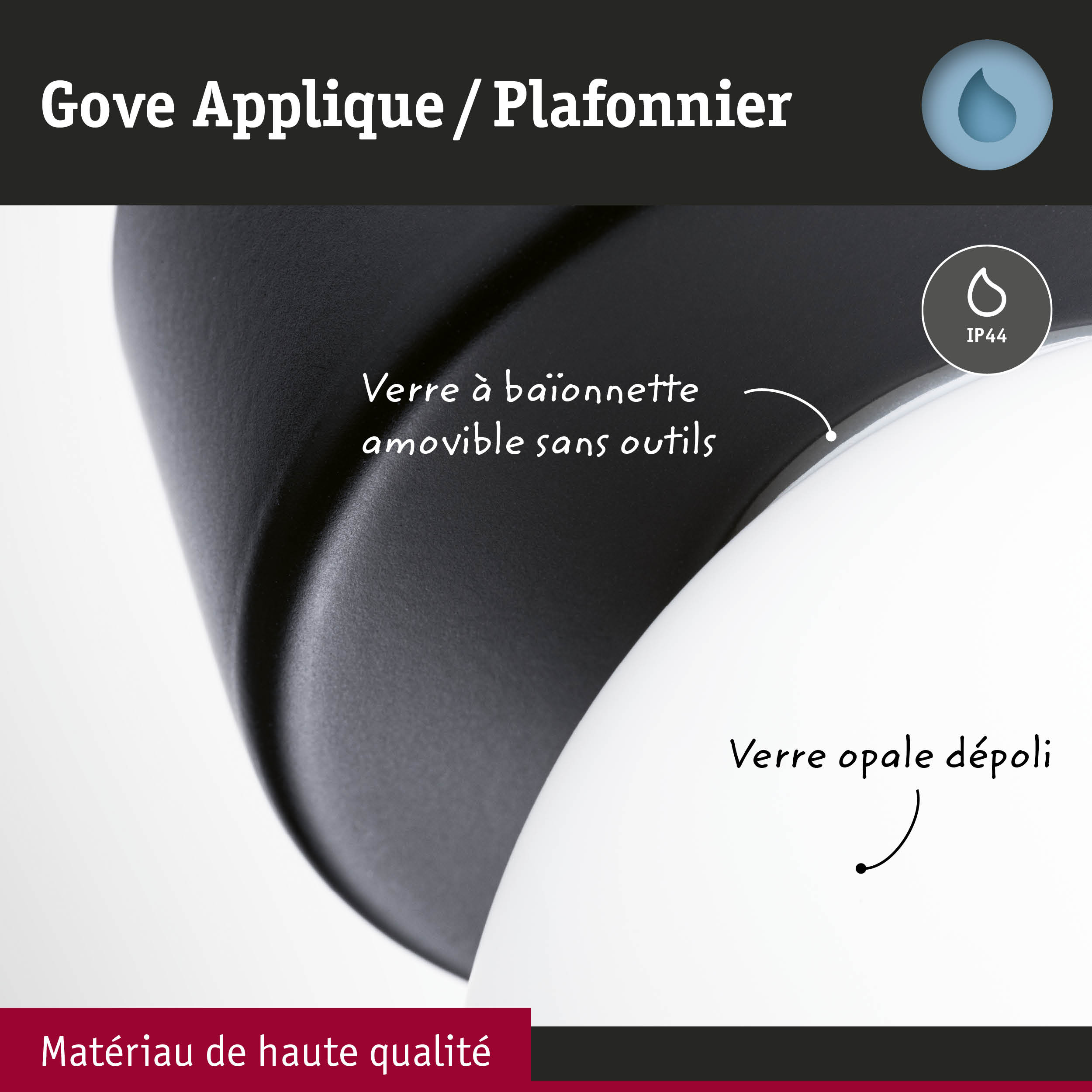 Applique Gove noire avec verre opale dépoli et indice IP44 pour éclairage mural de qualité