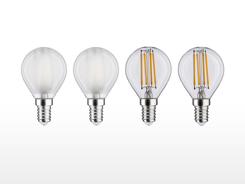 Quatre ampoules LED rondes à culot E14, deux dépoli et deux claires, éclairage économique