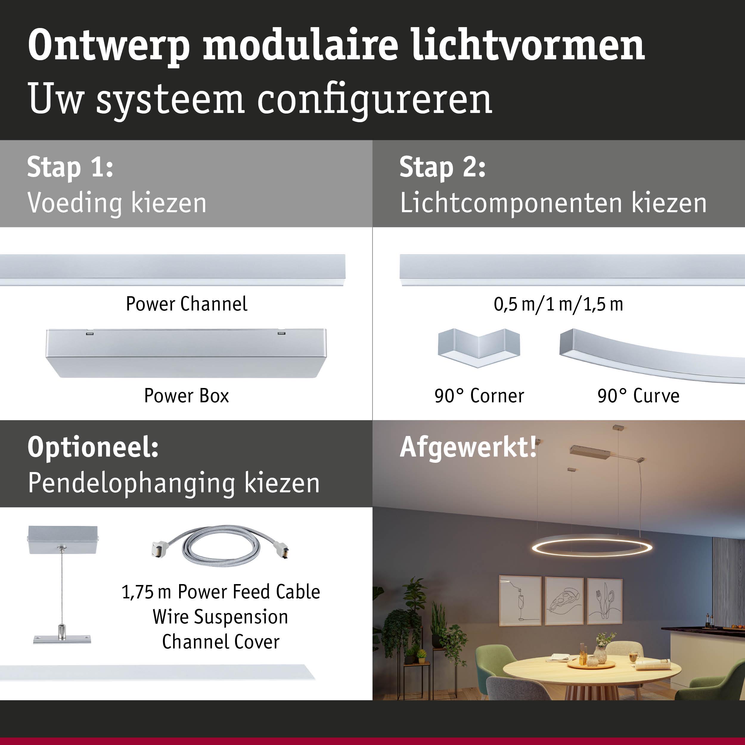Modulair LED-lichtsysteem met power channel, power box en pendelophanging voor flexibele verlichting