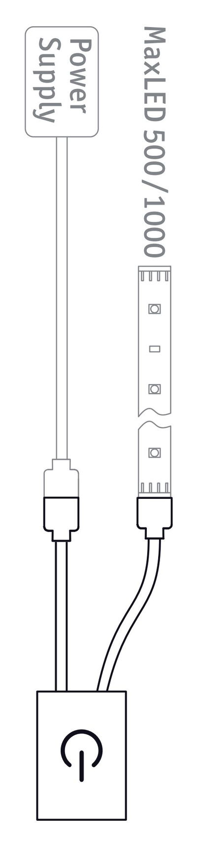 Aansluitschema voor MaxLED 500/1000 LED-strip met voeding en aan/uit-schakelaar voor LED-verlichting