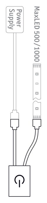 Ledningsdiagram for MaxLED 500/1000 LED-strip med strømforsyning og tænd/sluk-knap til LED-belysning