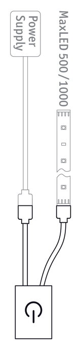 Aansluitschema voor MaxLED 500/1000 LED-strip met voeding en aan/uit-schakelaar voor LED-verlichting