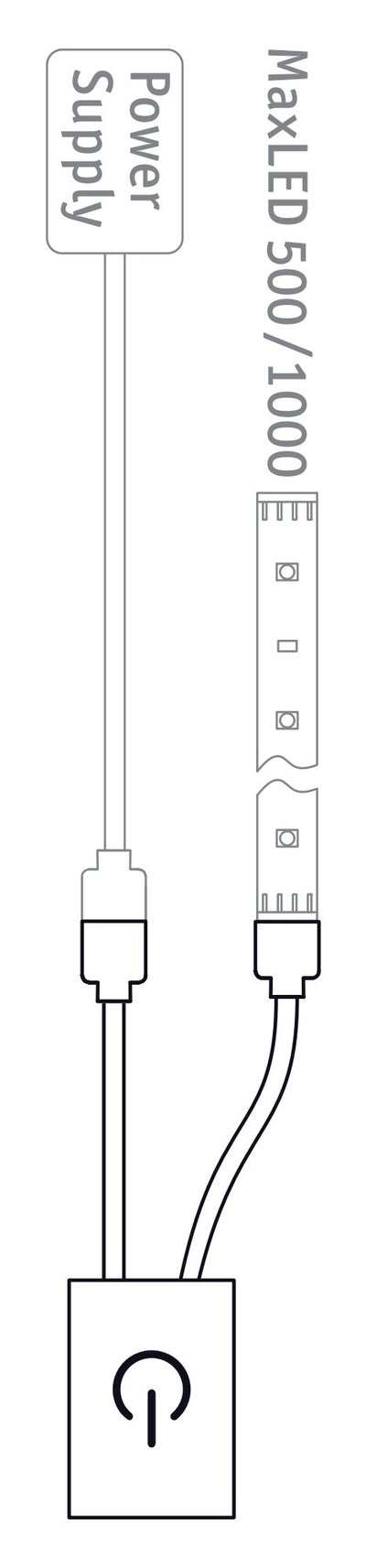 Aansluitschema voor MaxLED 500/1000 LED-strip met voeding en aan/uit-schakelaar voor LED-verlichting