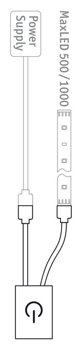 Aansluitschema voor MaxLED 500/1000 LED-strip met voeding en aan/uit-schakelaar voor LED-verlichting