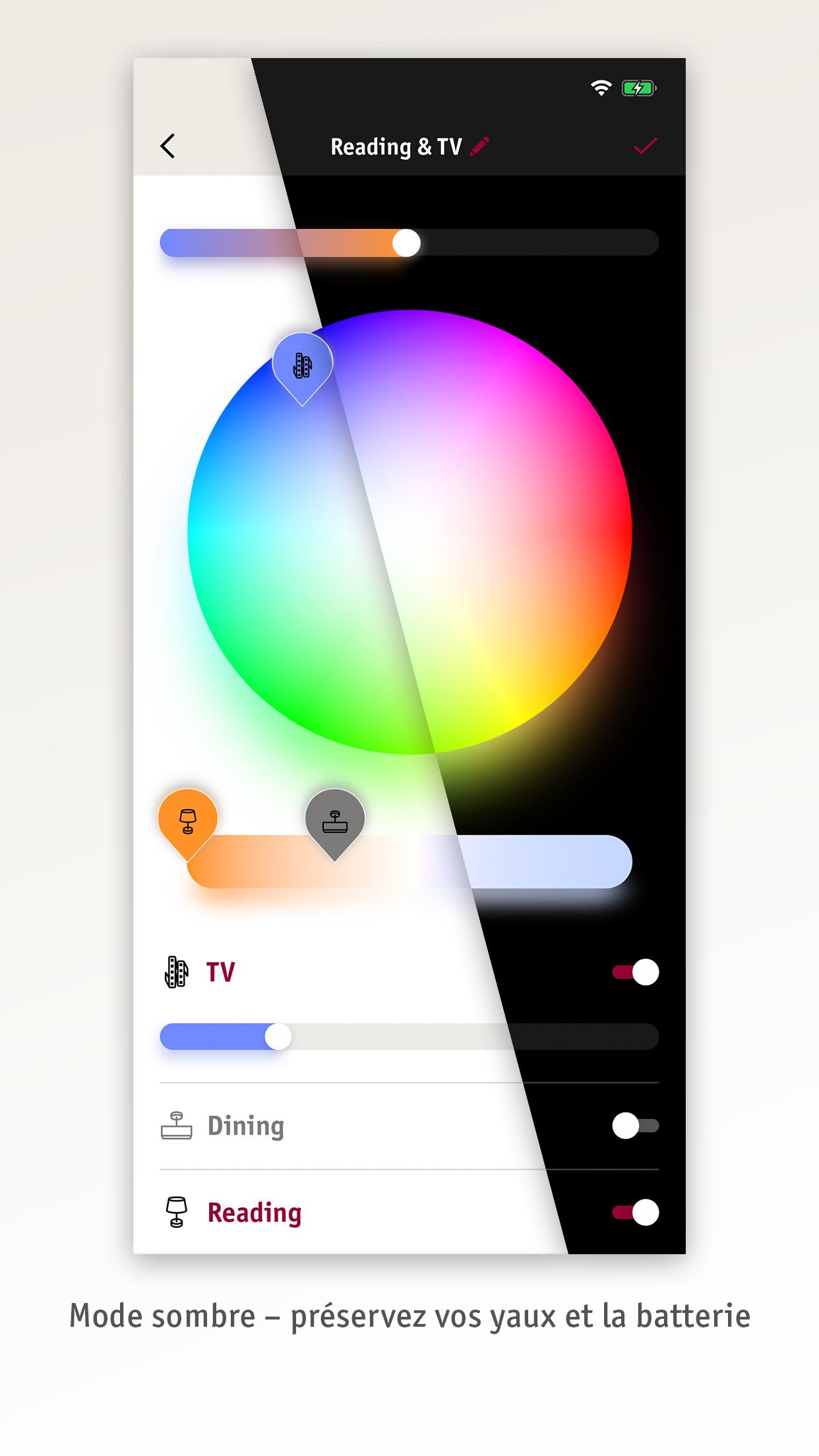 Interface d'application smartphone pour contrôle de lumière avec roue de couleur et curseur de luminosité en mode sombre