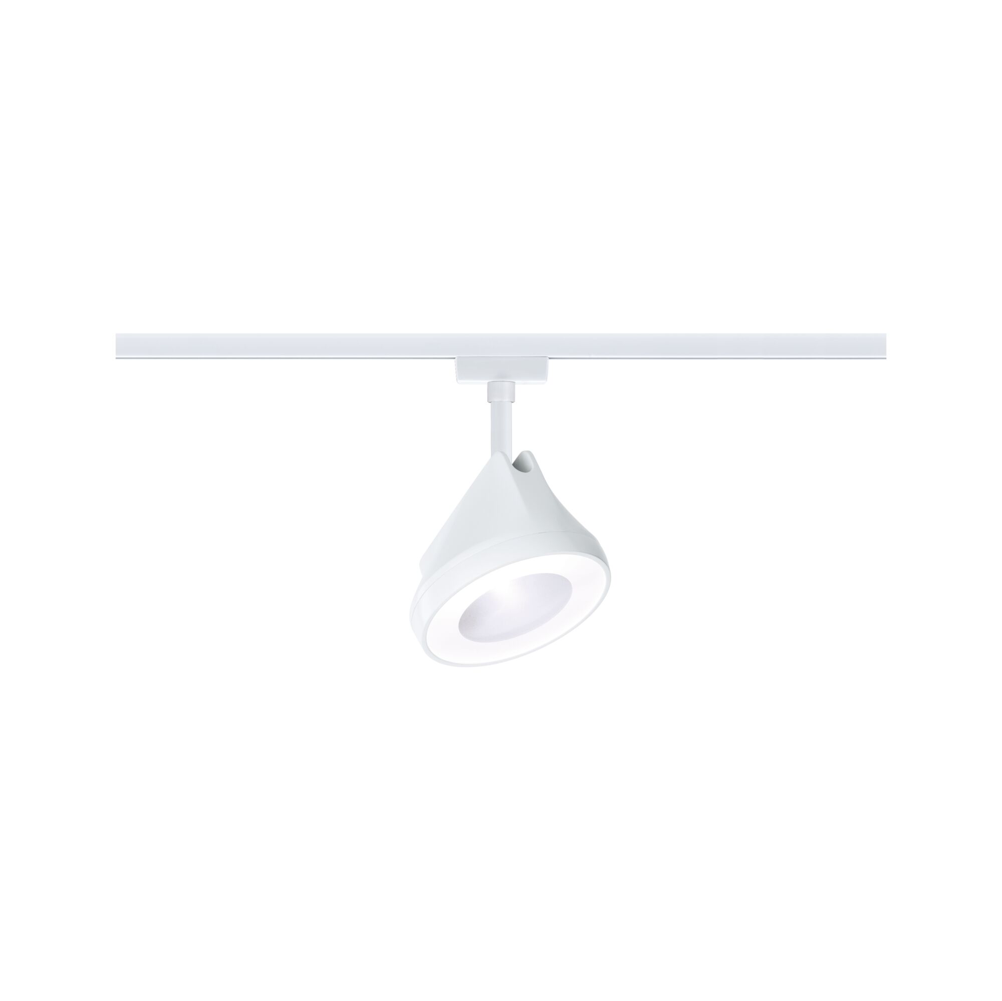 Weißer LED-Spot aus Kunststoff an Schienensystem für moderne Akzentbeleuchtung im Raum