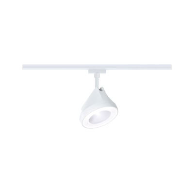 Weißer LED-Spot aus Kunststoff an Schienensystem für moderne Akzentbeleuchtung im Raum