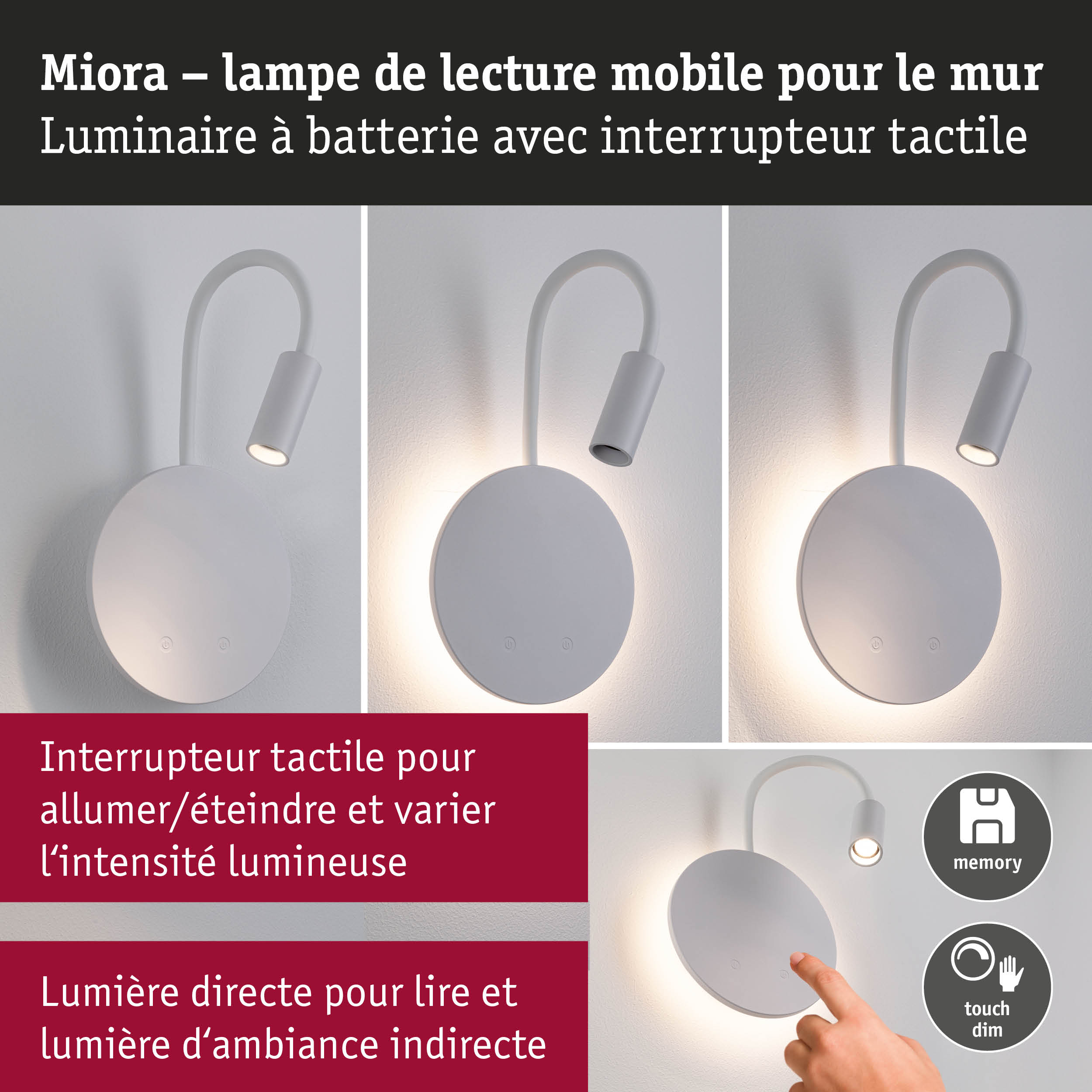 Lampe murale Miora blanche à batterie avec bras flexible et variateur tactile pour éclairage d'ambiance