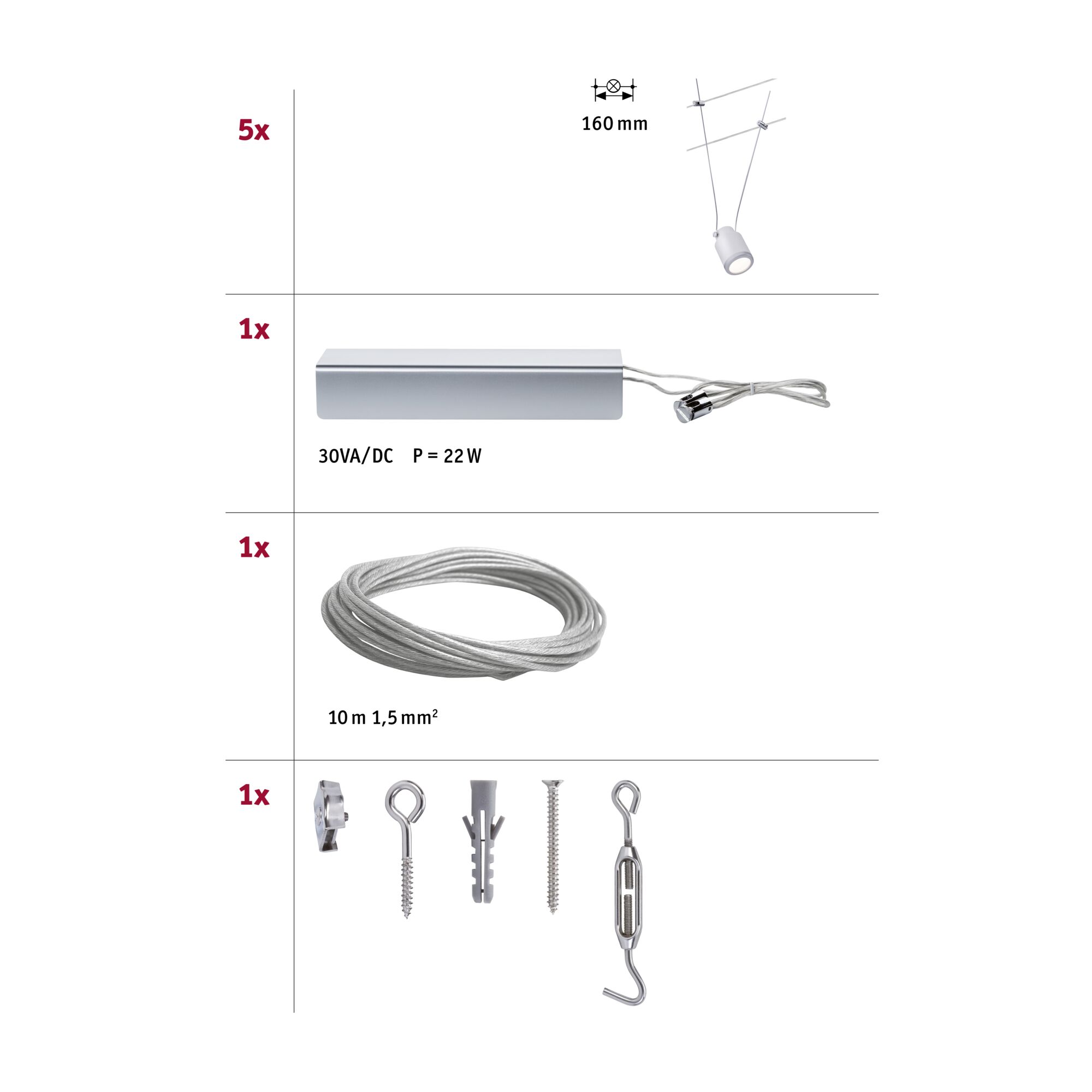 Technische tekening met 5 witte LED-spotjes, 22W voeding, 10m stalen kabel en montagemateriaal.