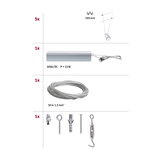 Technische tekening met 5 witte LED-spotjes, 22W voeding, 10m stalen kabel en montagemateriaal.