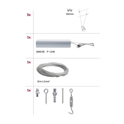 Technische tekening met 5 witte LED-spotjes, 22W voeding, 10m stalen kabel en montagemateriaal.