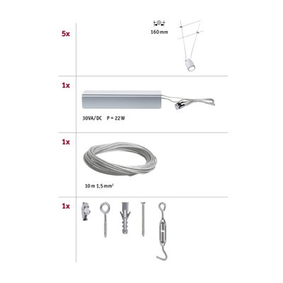 Technische tekening met 5 witte LED-spotjes, 22W voeding, 10m stalen kabel en montagemateriaal.
