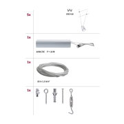Technical drawing showing 5 white LED spotlights, 22W power supply, 10m steel cable, and mounting parts.