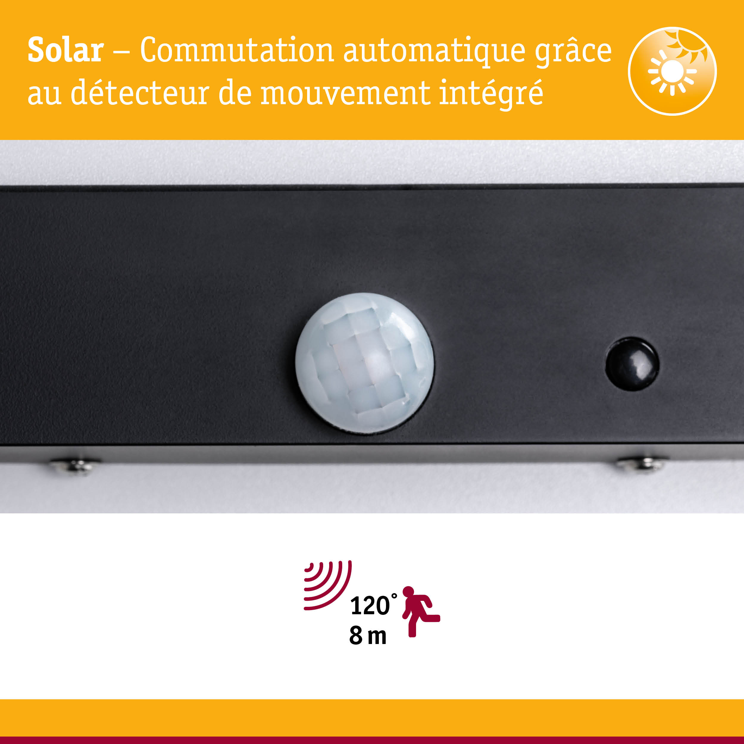 Appareil noir avec détecteur de mouvement intégré pour commutation solaire automatique et angle de détection de 120°