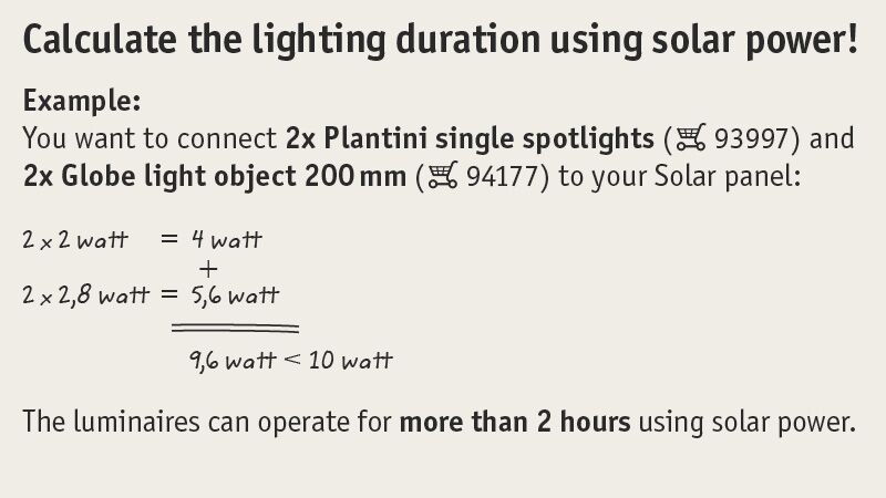 Calculation of lighting duration using solar power with Plantini and Globe light wattages example.