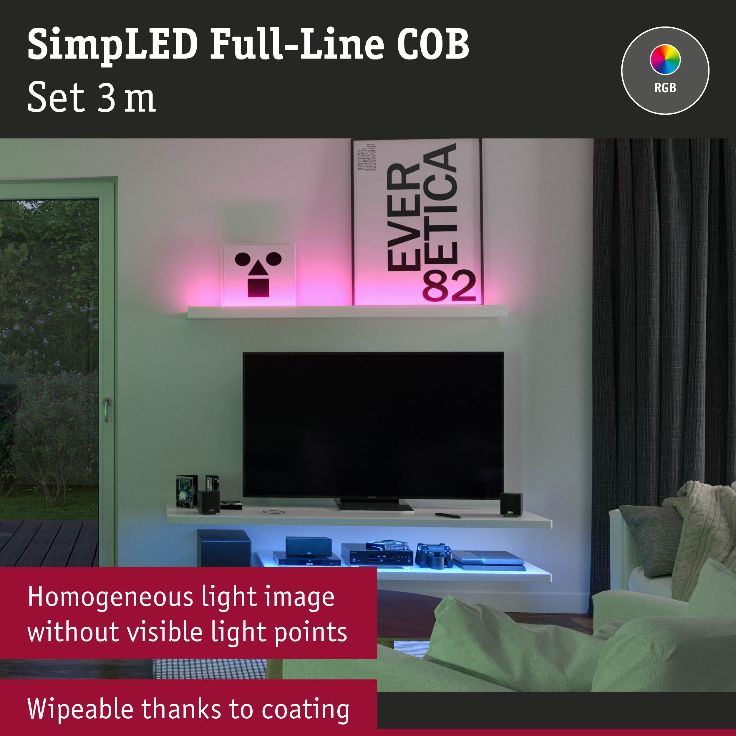 SimLED Full-Line COB 3m RGB LED strip lighting in living room with colorful wall illumination