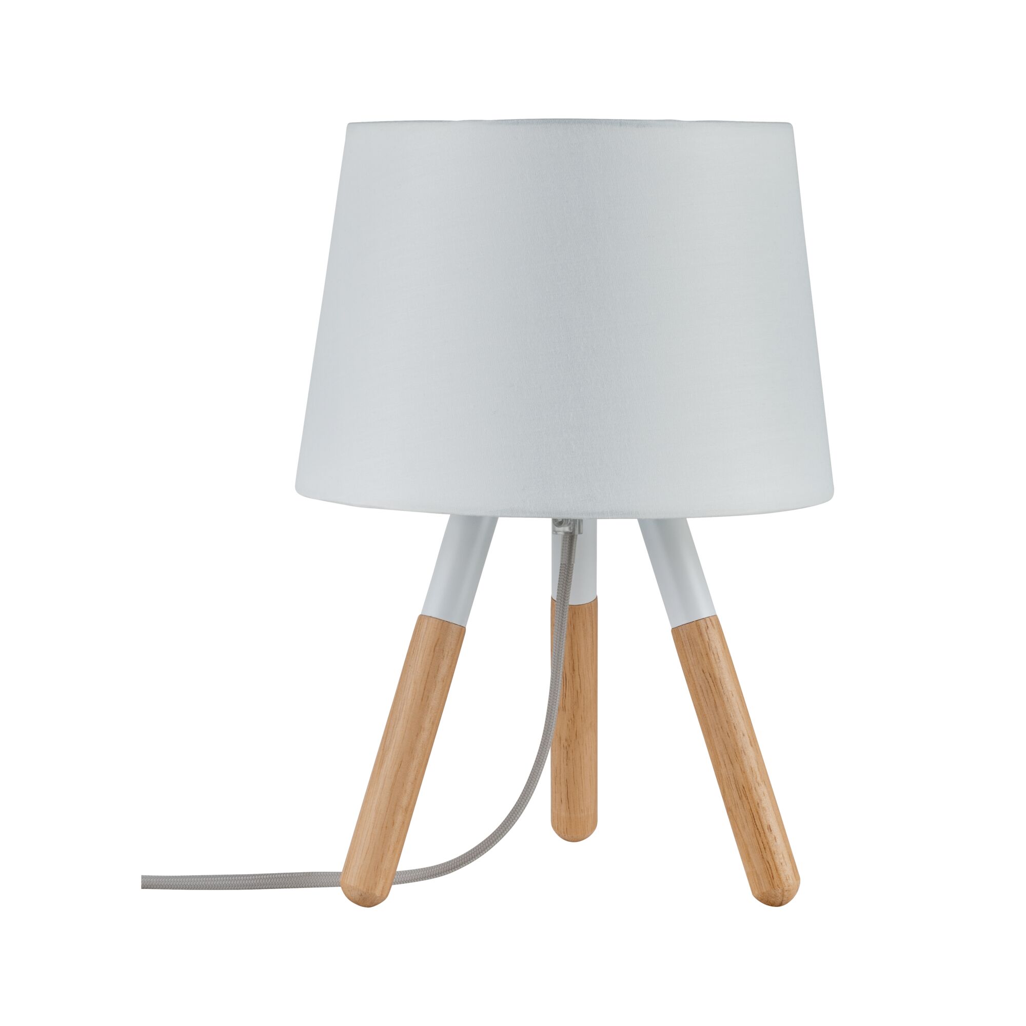 Modern table lamp with white fabric shade and wooden legs, decorative home lighting