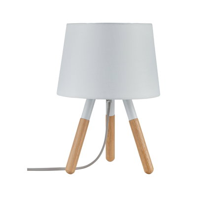 Moderne Tischlampe mit weißem Stoffschirm und Holzbeinen, dekorative Wohnraumbeleuchtung