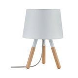 Moderne Tischlampe mit weißem Stoffschirm und Holzbeinen, dekorative Wohnraumbeleuchtung