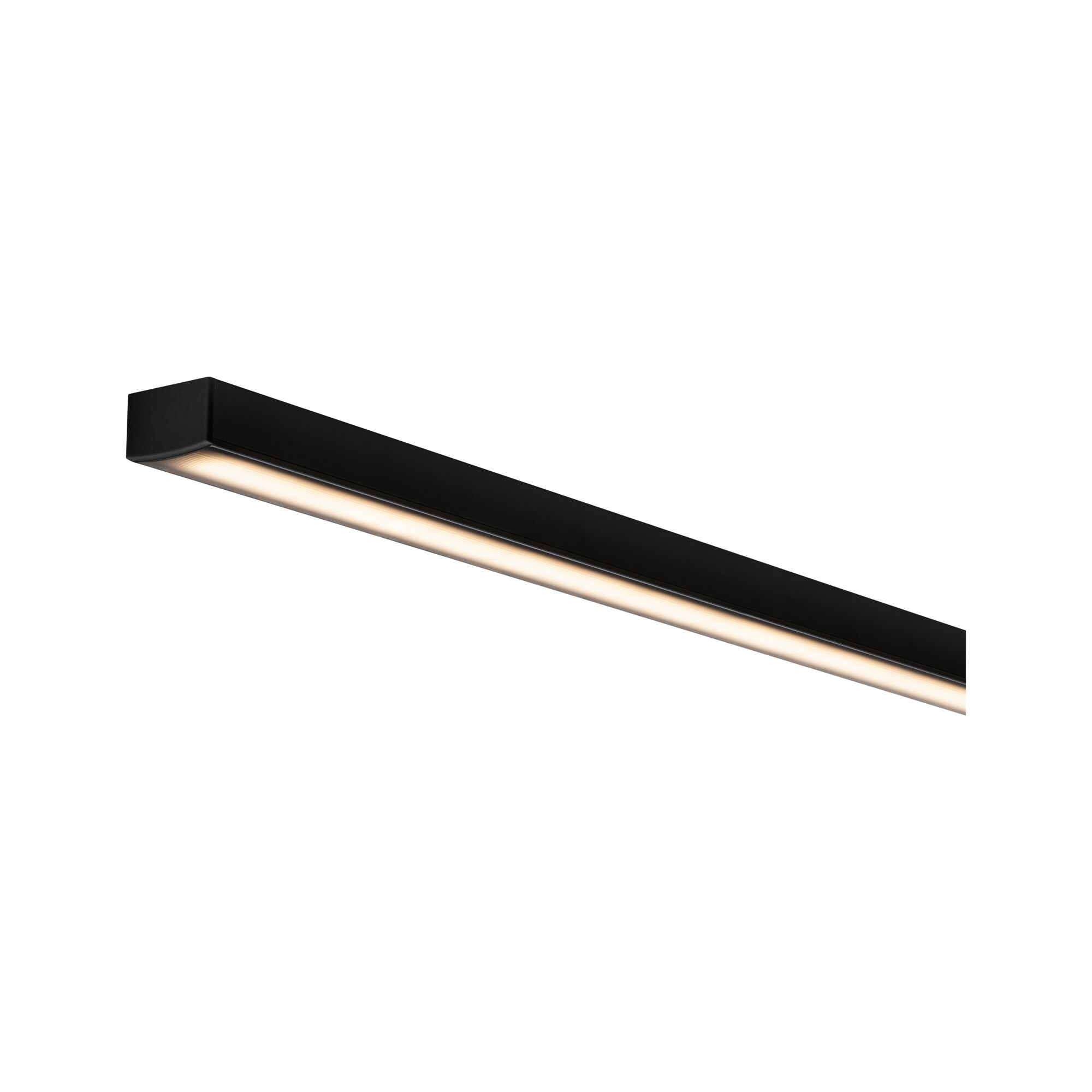 Slim black LED under-cabinet light with warm white illumination for modern kitchen lighting