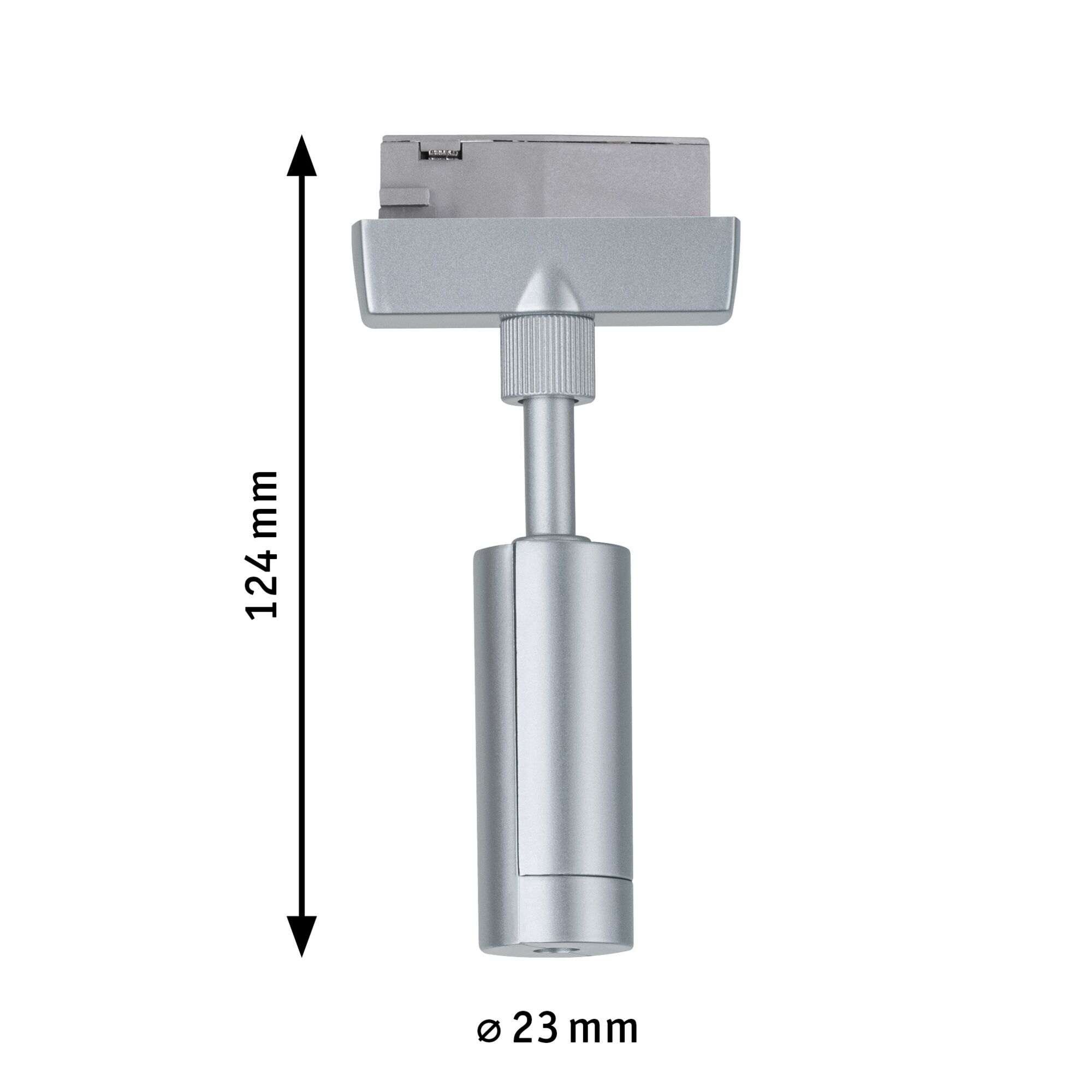 Silver metal adapter 124 mm long and 23 mm diameter for LED track lighting connection