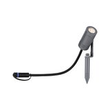 Grey metal LED garden spotlight with ground spike and cable for outdoor lighting.