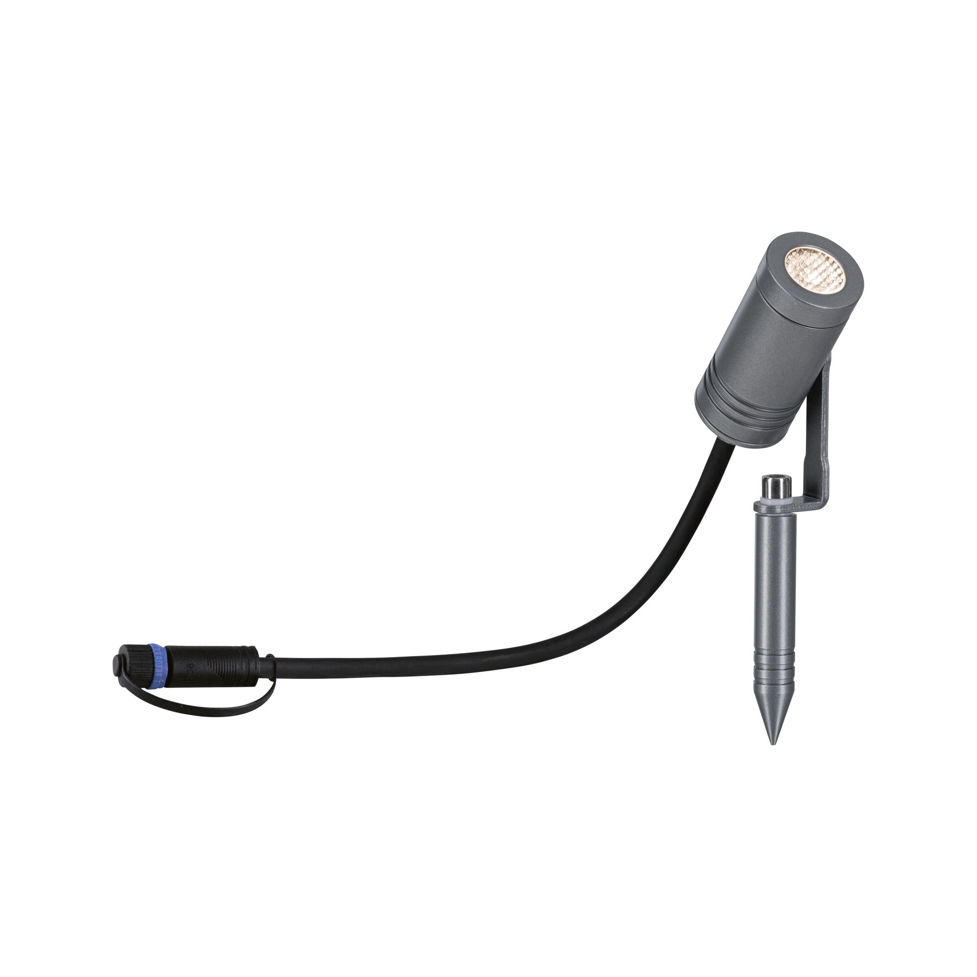Plug & Shine LED Gartenstrahler Radix Einzelspot IP65 3000K 6W Grau Grauer LED-Gartenstrahler aus Metall mit Erdspieß und Kabel für Außenbeleuchtung.