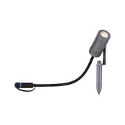 Grauer LED-Gartenstrahler aus Metall mit Erdspieß und Kabel für Außenbeleuchtung.
