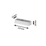 Hvid plastikboks med tekniske oplysninger og mål 137x43x29 mm til LED-driverenhed