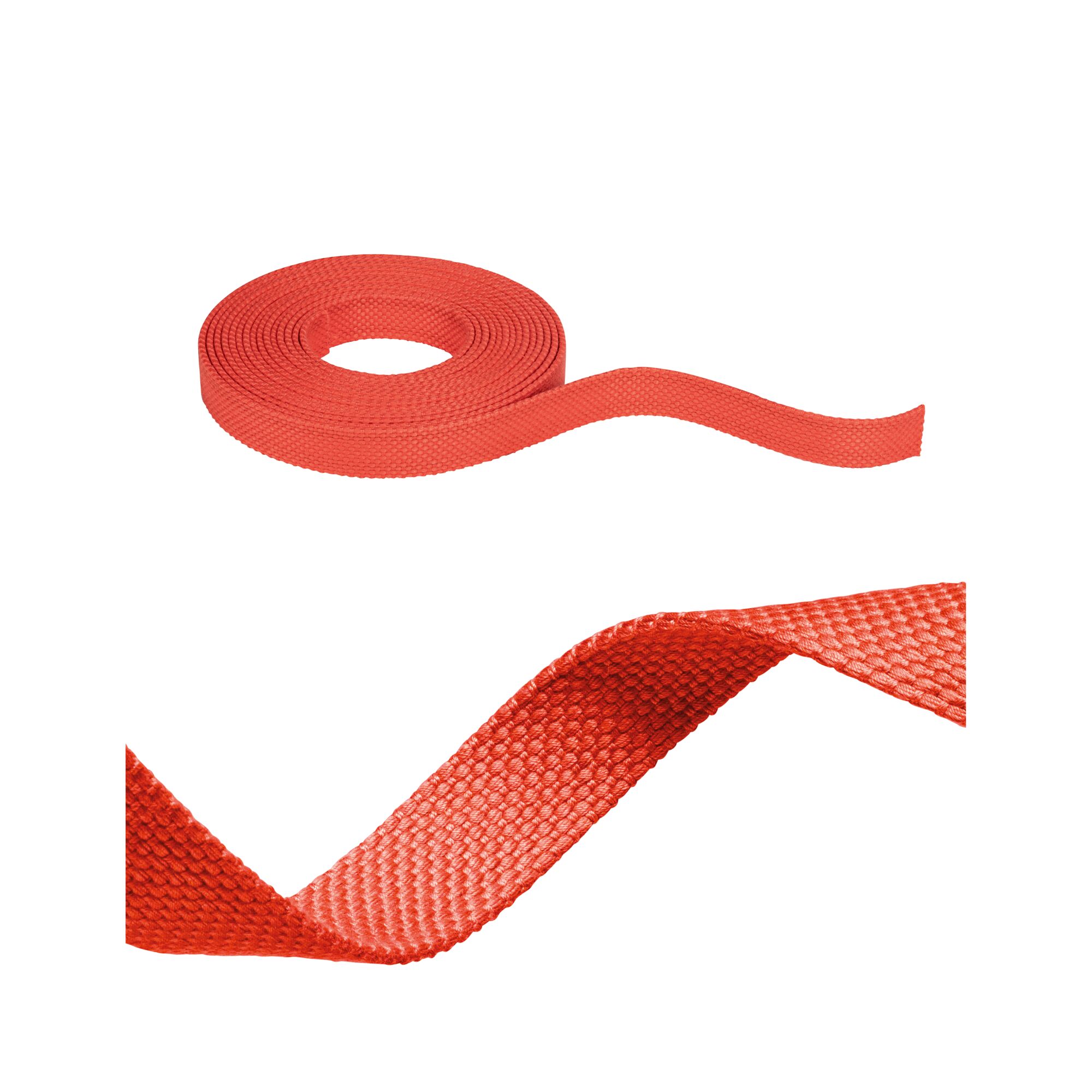 Ruban textile rouge en matériau résistant, idéal pour fixation et décoration.