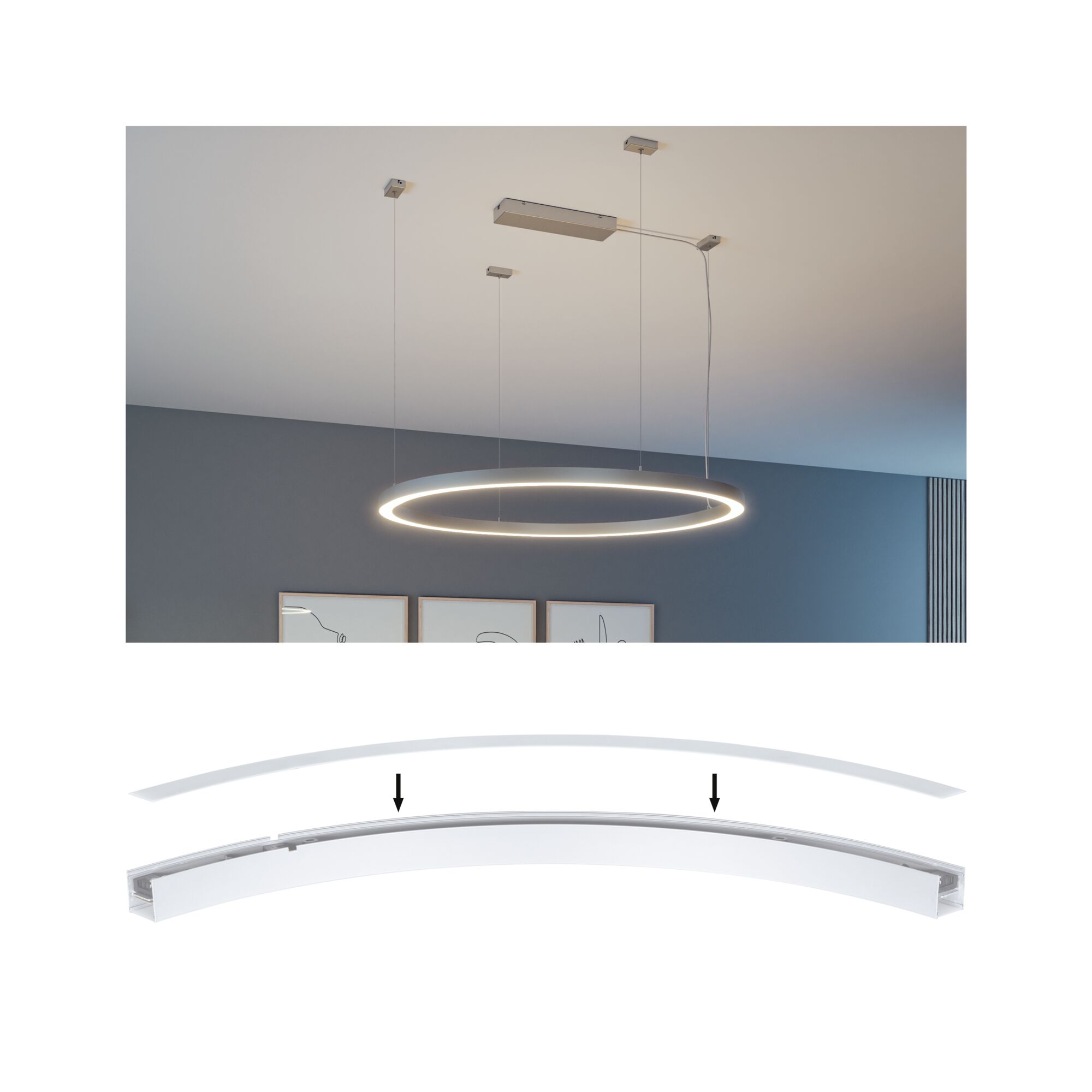 Linion Accessoires Couverture courbe Blanc Suspension LED ronde argentée avec lumière blanc chaud et diffuseur pour éclairage intérieur moderne