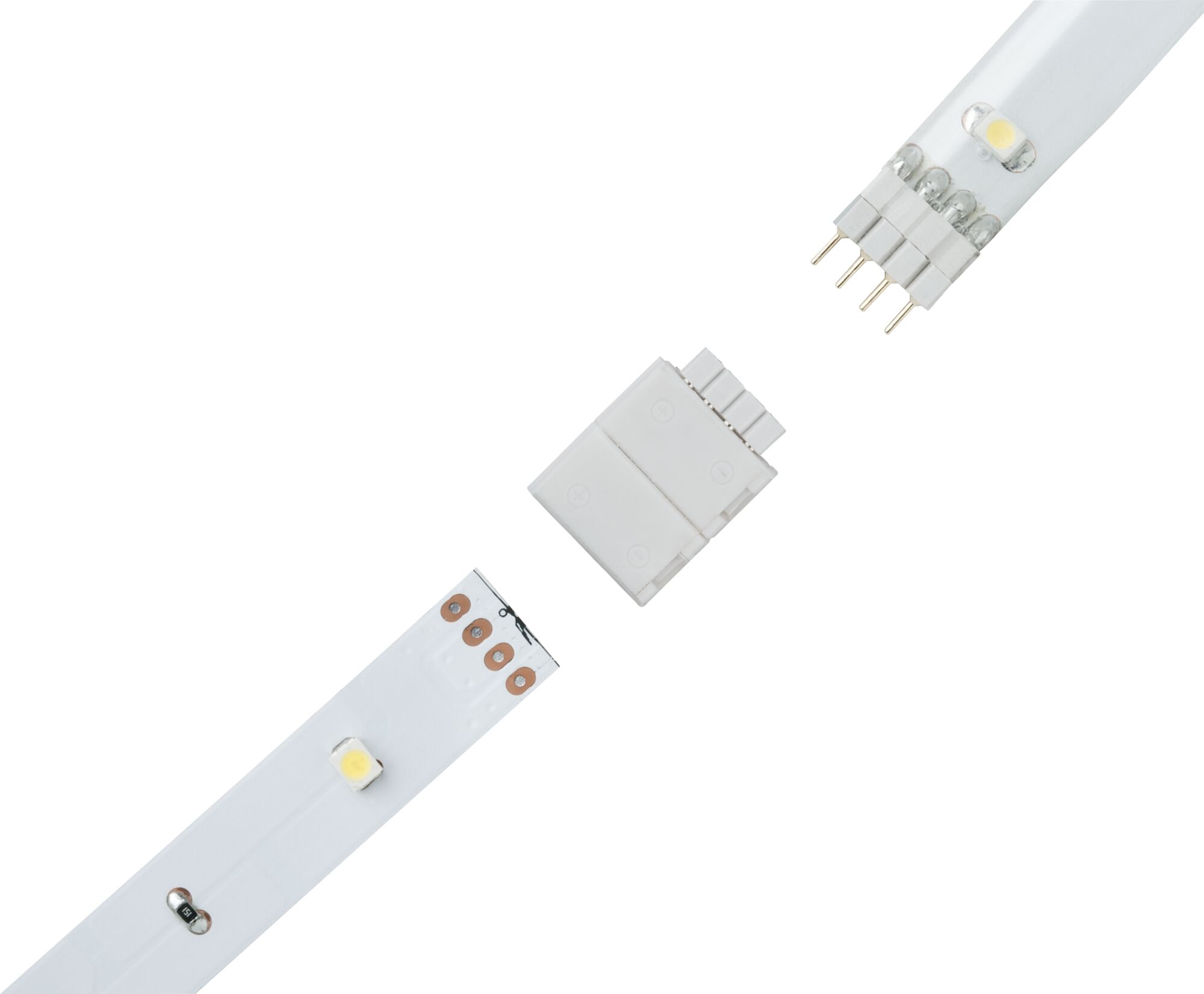 White LED strip connector set with four pins for flexible light strip connection and installation